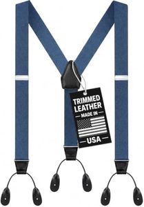 HOLD'EM Tuxedo Suspenders for Men Black Genuine Leather Button End 1.25 Inches Mens Braces Suspenders- Denim (Tall 54" Long)