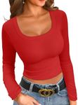 ZAWAPEMIA Womens Long Sleeve Crop Top Square Neck Stretchy Slim Fitted Tee Shirts Casual Basic Ribbed Tops M Red