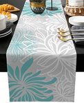 PIEPLE Aqua Chrysanthemum Flowers Table Runner-Cotton Linen-Long 13x90inches Dresser Scarves,Floral Grey Tablerunner for Kitchen Coffee/Dining/End Table Bedroom Living Room,Scarf Decor for Holiday