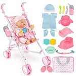 deAO My First Baby Doll Play Set with Stroller, Baby Doll Pushchair with Accessories, Pretend Play Baby Dolls for 5 Year Old Girls, Children Dolly Pram Toy Birthday for Toddlers