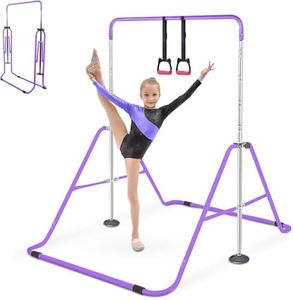 Triclicks Foldable Gymnastics Bar for Kids 3-12, Adjustable Height Training Kip Bar & Horizontal Pull Up Equipment - Expandable Home Gym for Girls & Boys, Indoor Monkey Bars (Purple)