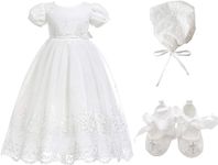 Glamulice Baby Girls Newborn Satin Christening Baptism Floral Embroidered Dress Baptism for Baby Girl Christening Baptismal Gown Baptism Outfits Ivory White 0-6 Dress Hat Handmade Shoes Event Party 3M