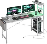 Bestier Gaming Desk with Power Outlets, 61 Inch Large Led Gamer Desk with 4 Tiers Reversible Shelves, PC Gaming Table with Headset Hook & Side Storage Bag for Bedroom (Grey 3D Carbon Fiber)