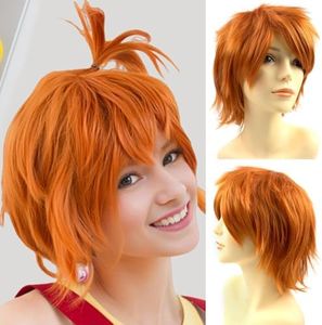 Rose bud Anime Halloween Wig Dark Orange for Cosplay Party, Synthetic Layered Short Hair Wigs with Bangs, Pastel Wigs for Women Men Kids