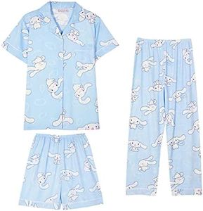 Zmioviq Women's Cotton Pajamas 3 Piece Sets, Cute Cartoon Print Sleepwear Short Sleeve Shirt with Casual Long Pants and Short, Blue-1, Large