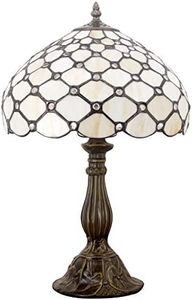 WERFACTORY Tiffany Lamp Cream Amber Stained Glass Bead Table Lamp Desk Bedside Reading Light 12X12X18 Inches Deco Bedroom Living Room Home Office S005 Series