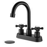 Cinwiny 4 Inch Centerset Bathroom Faucet Double Cross Handle Vanity Faucet Vintage RV Farmhouse Bathroom Sink Faucet 3 Hole Deck Mounted with Pop up Drain,Matte Black,H and C Label