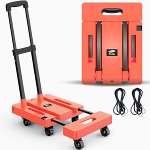 Ronlap Folding Hand Truck, Foldable Moving Dolly Cart with Wheels 500lbs Heavy Duty Luggage Cart Portable Hand Cart Collapsible Dolly with 6 Wheels & 2 Ropes for Airplane Travel House Moving, Orange