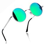 Joopin Green Round Sunglasses for Men Polarized Mens Sunglasses Vintage Retro Mirrored Green Womens Shades UV Protection Metal Frame Hippie Circle Glasses for Halloween Costume Party Driving Fishing