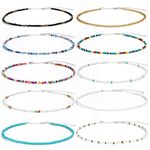 SCIONE Beaded Necklace 10 Pieces Tiny Seed Beaded Necklace Bohemian Hawaiian White Rainbow Adjustable Colorful Necklaces for Women, glass seed bead