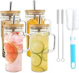 【4 Pack】 Glass Cups with Bamboo Lids and Straws,24oz Tumbler with Handle,4 Pack Mason Jar with Lid and Straw-Wide Mouth Reusable Drinking Glasses,Boba Cup Smoothie Tumbler Iced Coffee Cup Travel Mug