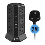 Tower Extension Lead, Te-Rich 12 Gang Surge Protector Multi Plug Power Strip Electric Charging Station with 5 Smart USB Charger, 2500W/10A, Separate Switches, 2M Cable for Home and Office