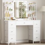 Hzuaneri Vanity Desk with Mirror and 10 LED Lights, Makeup Vanity with 7 Fabric Drawers & 8 Open Compartments, 3 Adjustable Lighting Brightness Makeup Vanity for Bedroom, White VT42303XCA