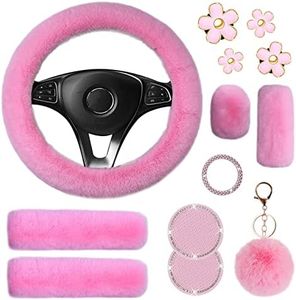 13 Pieces Fluffy Steering Wheel Cover Set, LUOYOYY Cute Fur Car Accessories Winter-Warm Furry Steering Wheel Cover Fashion Universal Car Accessories for Women Girls (Pink)