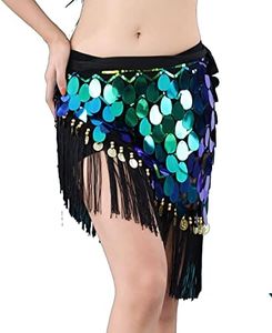 ZLTdream Sequin Belly Dance Hip Scarf Glitter Fringe Triangle Wrap Belt Sparkle Mermaid Skirt for Women Outfit Tassel Green