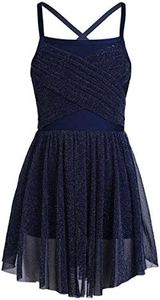 FEESHOW Kids Girls Empire Waist Gymnastics Camisole Leotard Ballet Lyrical Dance Dress Ballerina Costumes, Shimmering Navy Blue, 3-4