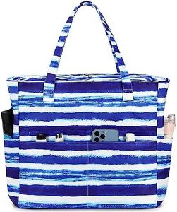 Waterproof Beach Tote Pool Bags for Women Ladies Extra Large Gym Tote Carry On Bag With Wet Compartment for Weekender Travel, Blue White Stripes, X-Large, E2032