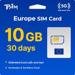 TSIM Europe SIM Card 30 Days 10GB | Unlimited Local Calls and Text | Get Number Before Travel | 30+ Countries Austria, France, Germany, Italy, Switzerland, Spain, UK