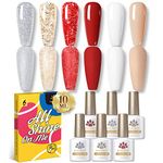 BORN PRETTY White Red Gel Nail Polish Set Gold Glitter Gel Polish Set Nail Gift Kit Nail Art Manicure Collection Set for Women Girls 6PCS 10ML