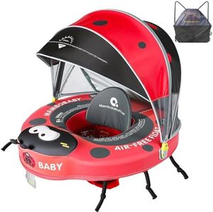 Mambobaby Baby Pool Float with Canopy, Non-Inflatable Infant Swim Float with Safe Seat and Tail Support for 3-24 Months, UPF 50+ Sun Protection, Crimson Red & Jet Black