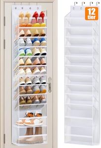 MISSLO 12 Tier Over the Door Shoe Organizer Hanging Shoe Rack for Closet Storage Sneaker Holder for Door Fit 24 Pairs Sandals, Heels, Boots (White)