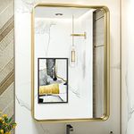 TokeShimi Gold Bathroom Wall Mirror 24x36 Inch Brushed Brass Metal Frame in Aluminum Alloy, Rounded Corner Rectangular Hanging Mirror for Living Room Bedroom Modern Horizontal Or Vertical