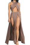 Velius Women Sexy Hollow Out Halter Wrap Sleeveless Plain Pleated Slit Casual Long Maxi Dress, Apricot, X-Large