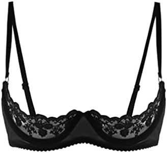 FEESHOW Womens Bra Spaghetti Bare Lace Push Up Bra Tops Cami Tops Lingerie Exposed Breast Underwear Ca Black Large