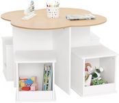 Curipeer Toddler Table and Chair Set with 4 Storage Stools, Flower Shaped Nesting Design Table with Built-in Pen Holder, Kids Table for Activity/Play/Art/Read/Craft, Natural & White