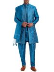 Amazon Brand - Anarva Men's Embroidery Art Silk Traditional Kurta Pajama with Jacket and Scarf Regular Fit 4 Piece Set (Turquoise,Small)