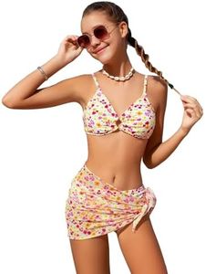 OYOANGLE Girl's 3 Piece Bikini Sets Floral Print Spaghetti Straps Wireless Swimsuits with Beach Skirt Pink White 8-9Y