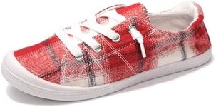 Women's Slip On Canvas Sneaker Low Top Casual Walking Shoes Classic Comfort Flat Fashion Sneakers Red Plaid 07