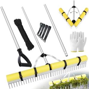 Pond Rake Aquatic Weed Rake,Detachable Float Lake Rakes,Aluminum Landscape Rake for Outdoor Pond with Extension Rope,Weed and Algae Removal,Upgraded Rakes Foam Fixing Velcro and carabiners