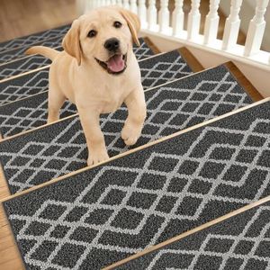 COSY HOMEER Soft Stair Treads 15pcs Non-Slip Carpet Mat 28inX9in Indoor Stair Runners for Wooden Steps,Stair Rugs for Kids and Dogs, 100% Polyester TPE Backing Black,Rhombus