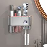 Hushnow Toothbrush Holder Wall Mounted with Automatic Toothpaste Dispenser and 2 Cups, Toothbrush Holder for Bathroom 4 Toothbrush Slots