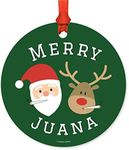 Andaz Press Marijuana Pot Cannabis Weed Round Metal Christmas Ornaments, Merry Juana Reindeer Smoking Pot Cigarette, Includes Ribbon and Gift Bag, Stoned Stoner Xmas Present Ideas