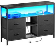Huuger TV Stand Dresser with Power Outlets and LED Lights, 4 Drawers Entertainment Center with Open Shelf, Media Console for 50 43 Inch TV, Dresser with PU Finish, Black