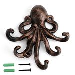 BSTKEY Cast Iron Octopus 5 Tentacles Decorative Wall Hook - Rustic Towel Hook Key Hook Coat Coat Rack Towels Holder (Red Bronze)