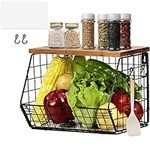 Hanging Fruit Basket, Kitchen Organiser, Fruit Bowl Hanging Basket Kitchen, Wall Fruit Basket with Wooden Lid, Fruit and Vegetable Basket for the Counter, Onion and Potato Snack Bread Holder (Small)