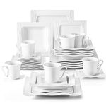 MALACASA Ivory White Dinnerware Sets, 30 Piece Square Plates and Bowls Sets for 6, Porcelain Dish Set with Dinner Plate, Dessert Plate, Soup Plate, Cup and Saucer, Ceramic Dishware Set, Series Mario