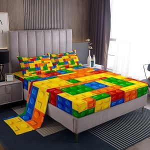 Feelyou Building Blocks Bed Sheets Set for Kids Full Size Boys Games Colorful Bedding Set Toy Brick Geometric Fitted Sheet Child Bedroom with 2 Pillowcase