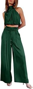 NOLLSOM Women Casual Summer Satin Two Piece Outfit 2023 Sleeveless Mock Neck Tank Crop Tops Wide Long Pants Lounge Set, Solid Dark Green, Small