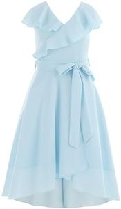 Flofallzique Girls Party Wear Dress Summer Chiffon Ruffle V Neck Wedding Graduation Dress for 5-14 Years, Light Blue, 12 Years