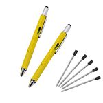 Multifunction Tool Pen, 6 in 1 Tool with Ballpoint Pen, Touch Screen Stylus, Ruler, Spirit Level, Flat-head and Phillips Screwdriver, All-in-One Tech-Tool Pen with 5 Ink Refills (2×Yellow + 5×Refills)