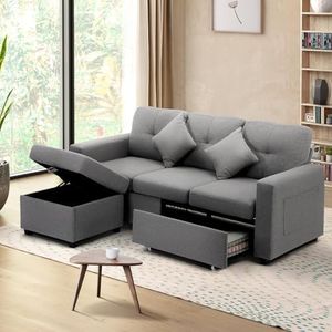 Oikiture 3 Seater Sofa with Storage Ottoman, 2 Slide Out Drawers and 2 Cushion Sofa Couch Set Load Up to 250KG Light Grey