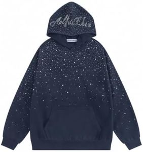 Aelfric Eden Rhinestone Hoodies Men Women Oversized Hooded Sweatshirt Fashion Y2k Casual Streetwear Unisex Hoodie Pullover Navy Blue X-Large