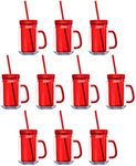 DISCOUNT PROMOS Mason Jars with Straw 17 oz. Set of 10, Bulk Pack - Glass Jars for Overnight Oats, Candies, Fruits, Pickles, Spices, Beverages - Red