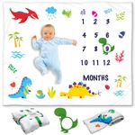 KEMINA BLANKETS Baby Monthly Milestone Blanket Boy - Milestone Blanket for Baby Boy Includes Marker Pieces, Baby Milestone Blanket for Boy or Girl, Month Milestones Blanket Baby Shower (Dinosaur)