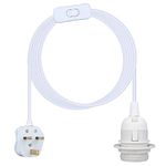 Teynewer Ceiling Pendant Light Fitting, E27 Screw Lamp Holder with Switch Suspended & Lock Ring for Shade, 2 Core Extension Cable UK Plug Pendant Light Fitting Kit (2m, White)