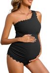 Charmo Womens Ruched Maternity Swimwear Swimsuits Ribbed One Shoulder High Waisted 1 Piece Bathing Suit Full Coverage Adjustable Shoulder Strap Black M